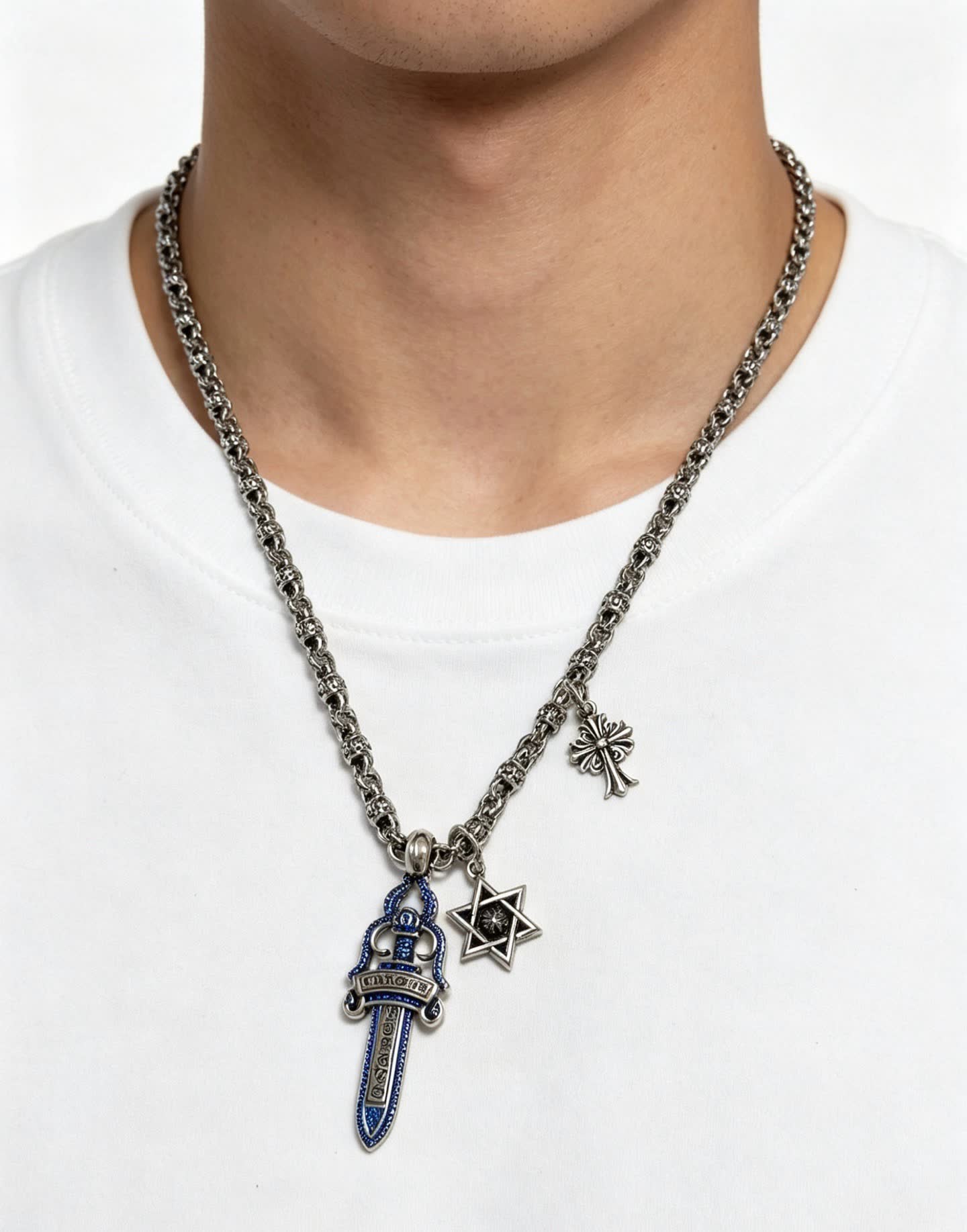 Chrome Hearts Silver Chain with Sword, Star of David, and Cross Charms